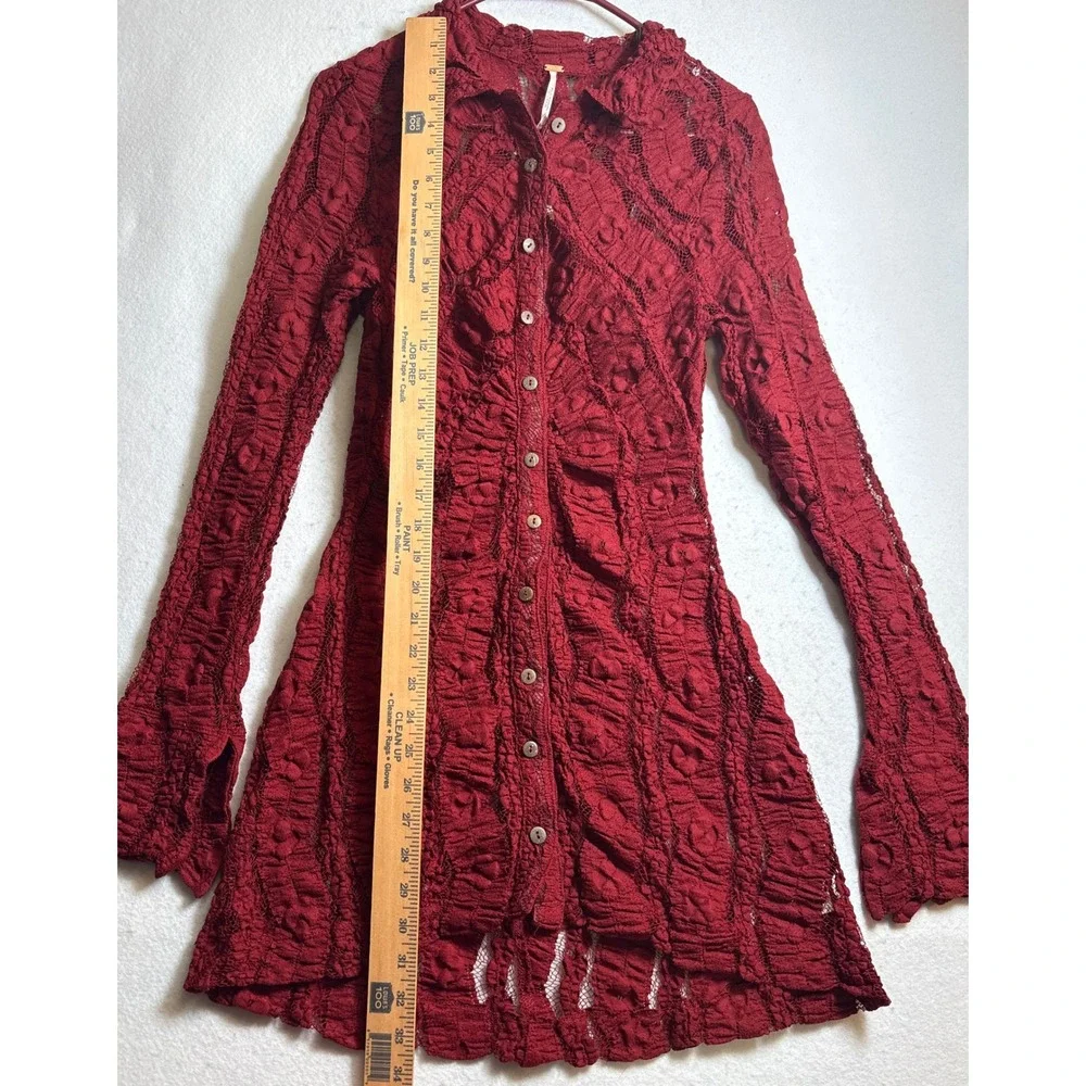Free People Lace Mini Dress Dark Red Button Front Long Sleeve Small